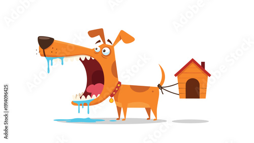 Hungry cartoon dog with a giant open mouth and drool pulls its own wooden doghouse with a rope, signifying greed and extreme appetite.