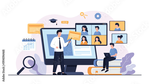 Professional male teacher conducting an online class for multiple students through a video conference call on a large computer screen.