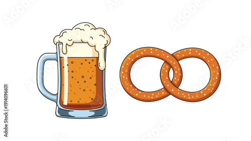 Cold glass of foaming beer sits next to two salted pretzels, representing traditional German snacks and a celebratory festive atmosphere.