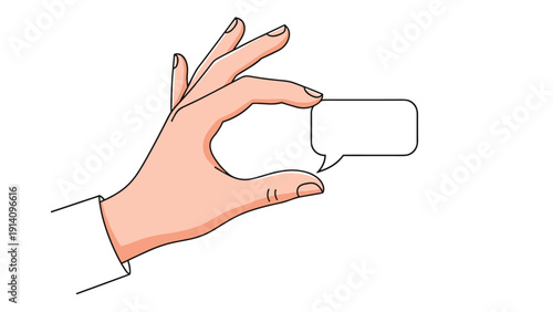 Hand holds a tiny blank speech bubble between two fingers, symbolizing a short message, a brief comment, or a small piece of dialogue.