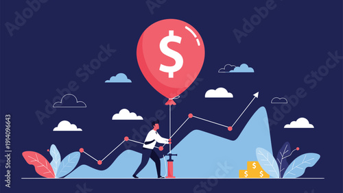 Businessman uses a pump to inflate a red balloon with a dollar sign near a growth chart, depicting the economic concept of inflation.
