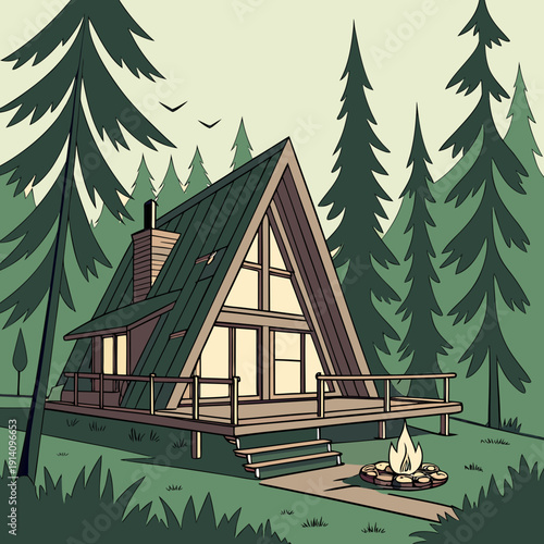 A-frame cabin in the woods with a fire pit