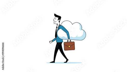 Businessman walking confidently while carrying a large white cloud under his arm representing data storage and cloud computing services.