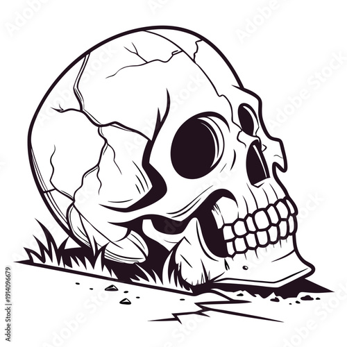 A black and white drawing of a skull on the ground