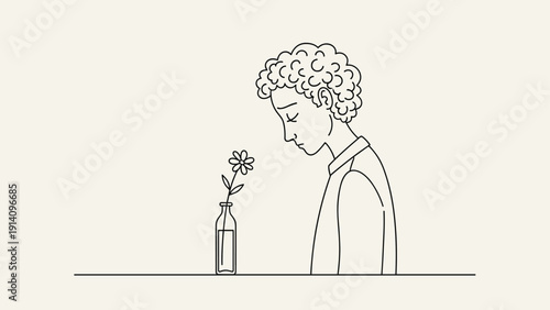 Minimalist line drawing shows a sad man looking down at a single flower in a small bottle, expressing loneliness, grief, and mourning.