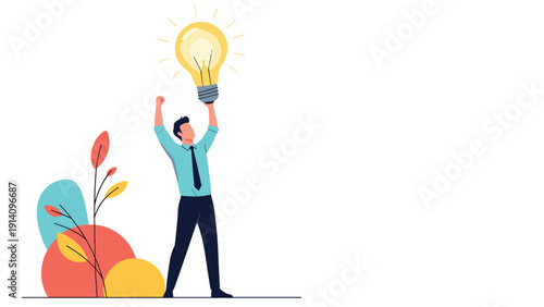 Joyful businessman holding a massive glowing light bulb above his head to celebrate a breakthrough creative idea or successful innovation.