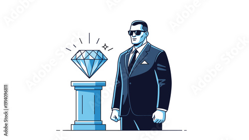 Stoic bodyguard wearing sunglasses and a formal suit standing guard next to a large brilliant diamond displayed on a blue pedestal.