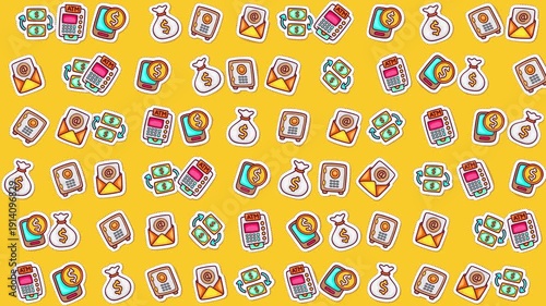 Money related icons against a yellow background. Suitable for financial websites, presentations, and any content related to money and savings.