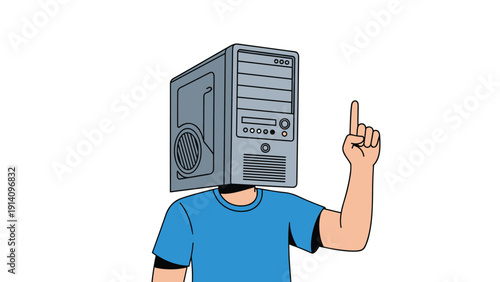 Creative illustration of a man with a gray desktop computer tower for a head pointing his index finger upwards as if having a digital idea.