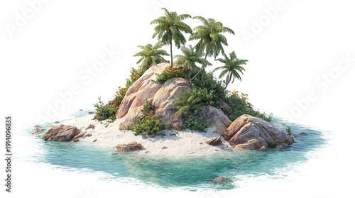 Tropical island with palm trees and sandy beach surrounded by water, isolated on transparent cutout background