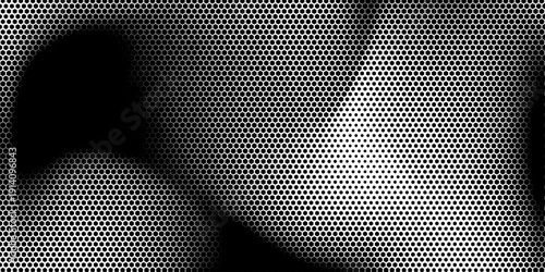 Black seamless hexagon texture. Repeated honeycomb pattern background. Geometric hexagonal halftone tech overlay backdrop. Abstract repeating hex halftone. Vector retro technology dot texure wallpaper