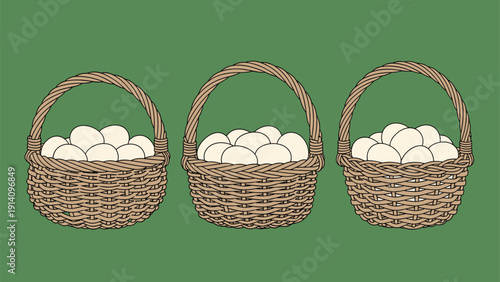 Three identical woven wicker baskets filled to the brim with white eggs sitting on a solid green background for farm fresh food concept.