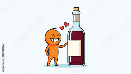 Cute small orange character with a big smile hugging a large bottle of red wine with floating hearts to show love for the beverage.