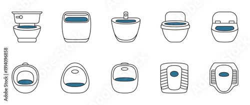 Icons of toilets, urinals, and bidets. Blue highlights show water areas. Excellent for plumbing service graphics and restroom facility signage.