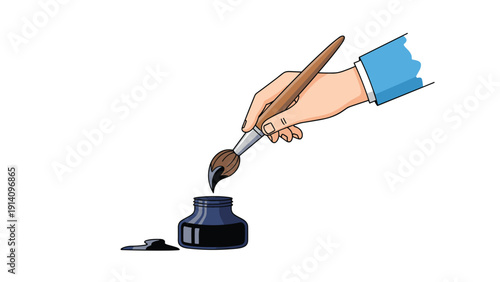 Close up of a hand holding a traditional wooden brush and dipping the tip into a bottle of dark black ink for calligraphy or painting.