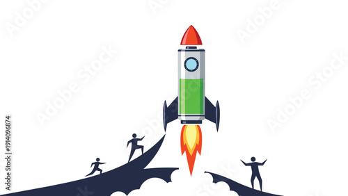 Conceptual illustration of people running and climbing towards a rocket ship designed like a green battery representing clean energy launch.