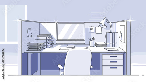 Perspective view of a clean and organized modern office cubicle with a computer monitor, chair, desk lamp, and neatly stacked documents.