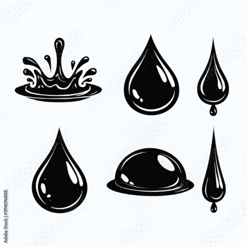 Black Liquid Droplets and Splashes Collection on White Background