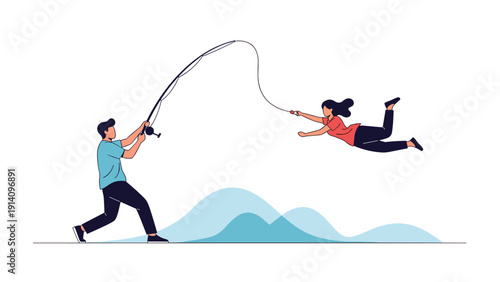Unusual conceptual scene showing a man using a fishing rod to catch a woman flying through the air as if she were a fish on his hook.