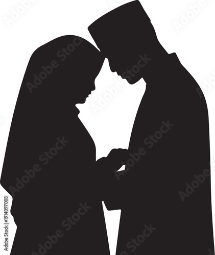 Black silhouette of couple embracing with hands touching