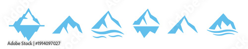 Stylized mountains and icebergs with wavy water lines, representing nature and climate themes