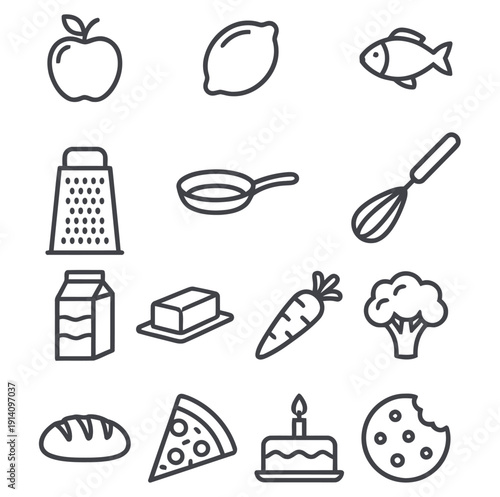 Food and kitchen utensil line apple lemon fish grater