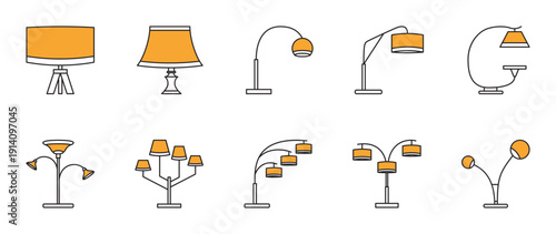 Ten line art icons of floor and table lamps. Orange shades add warmth. Perfect for lighting stores or home decoration illustrations.