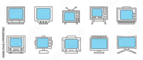 These ten icons show retro and modern TVs. Blue screens unite the set. Ideal for media history projects or electronics store graphics.