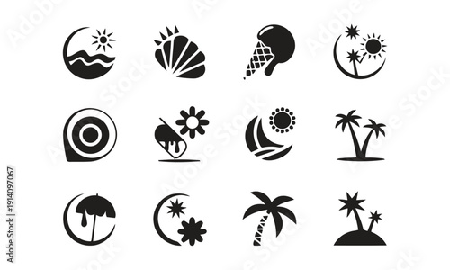 Summer and beach icons featuring sun, sea, ice cream, and palm trees