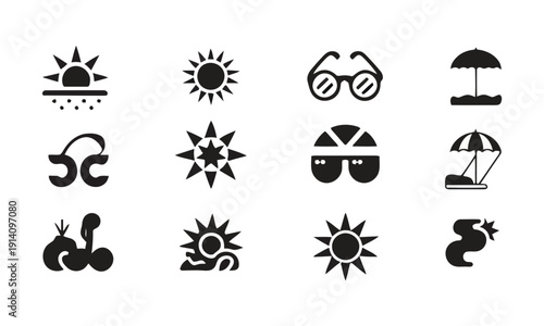 Summer and vacation icons depicting sun, sunglasses, beach umbrella, and fruits