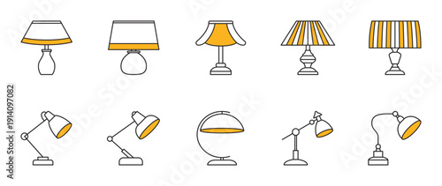 This minimalist icon set features ten unique table and desk lamps. Sleek line art and bright yellow accents highlight these modern lighting designs.