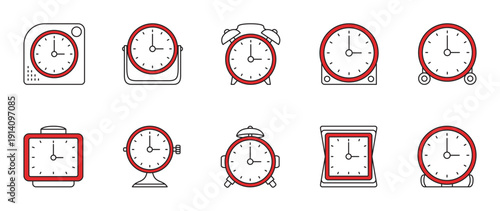 Discover ten clean clock icons featuring round and square faces. Vibrant red accents emphasize these modern designs, perfect for any user interface.