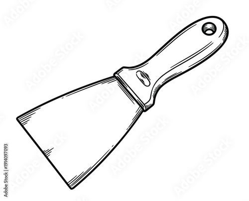  Illustration of a putty knife with a wooden handle and a wide metal blade. The sketch style conveys a simple, utilitarian, and hand-drawn feel.