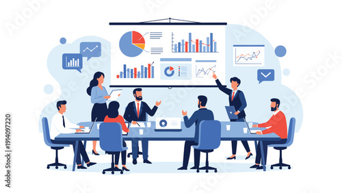 Group of business professionals attending a corporate meeting where a speaker points to a large screen displaying complex financial data charts.