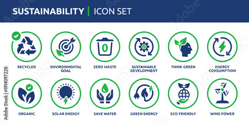 Sustainability icon set with eco-friendly and green energy symbols