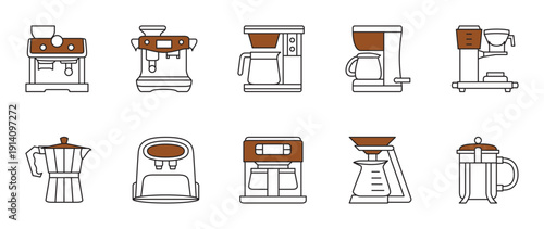 coffee maker icon set with brown accents.