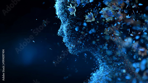 A captivating digital artwork of a silhouette of a person made of blue particles and flowers