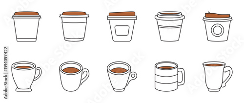 paper cup and mug icon set with brown accents.