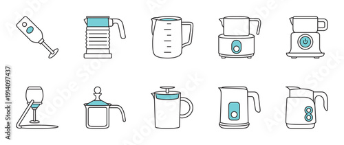 Milk frother icon set with blue accents.