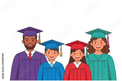 Proud multicultural graduates celebrating academic success and degree completion in colorful caps and gowns at joyful commencement ceremony.