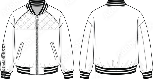 Varsity bomber jacket technical flat sketch, quilted shoulder panel details, striped ribbing collar cuffs, zip up sweatshirt fashion illustration vector.