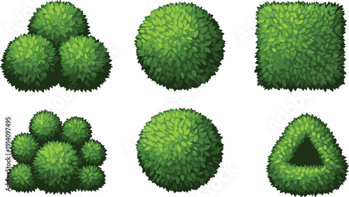 Set of green garden bushes, topiary shrubs in round, square, and triangle shapes, manicured hedge plants for landscape design and architecture.