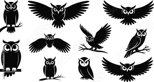 Stylized black owl silhouettes in diverse artistic poses, perched and flying, expressive eyes, decorative design suitable for logos, tattoos