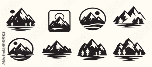 Black and White Mountain Range Icons Set Lake Sun Trees Graphic Design Elements mountains