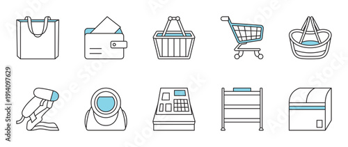 set of supermarket icons. Shopping cart, Basket, Barcode scanner, Cash register, Shelf rack, Freezer, Paper bag, Waffle. stick with blue accents
