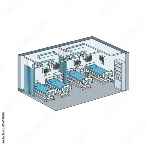 Hospital ward with four beds and medical equipment illustration.