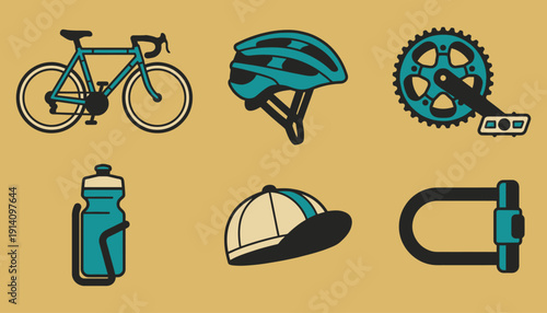 Minimalist Vector Icons of Bicycle Parts and Safety Equipment