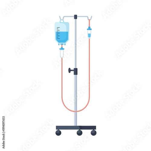 Medical IV Drip Stand with Fluid Bag and Tubing.