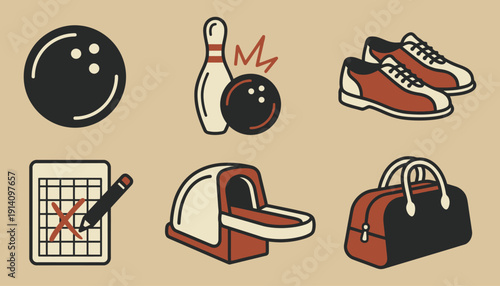 Retro Bowling Game Icons Set in Vintage Sticker Style