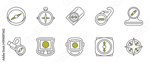 compass icons set with green accents and black lines.